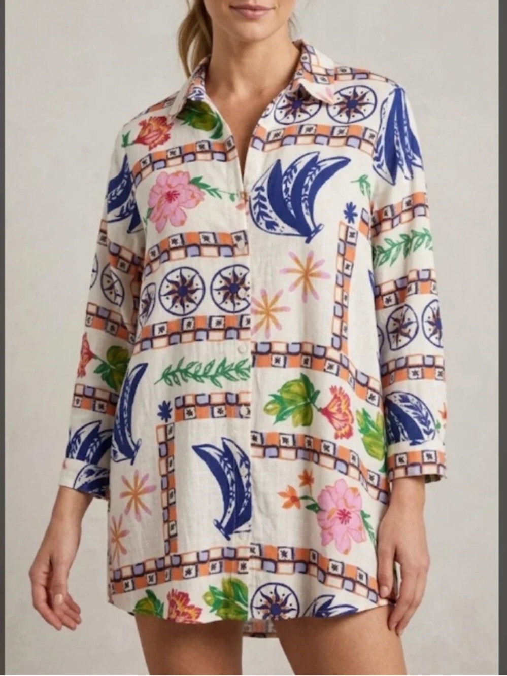 NEW! Label of Love White Tropical Print Button-Up Tunic Shirt Cover-up Size L